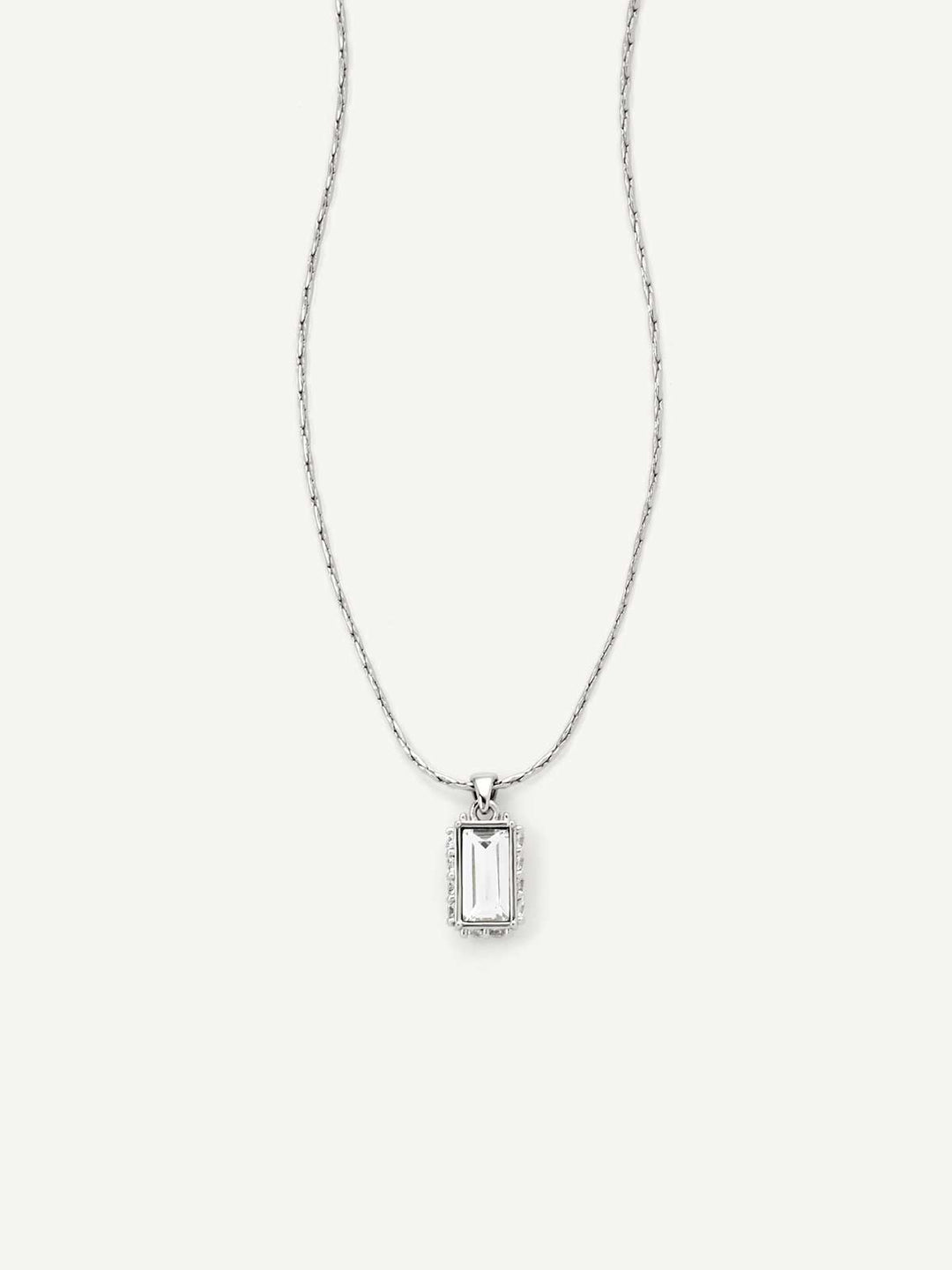 Silver necklace with a rectangular pendant on a white background